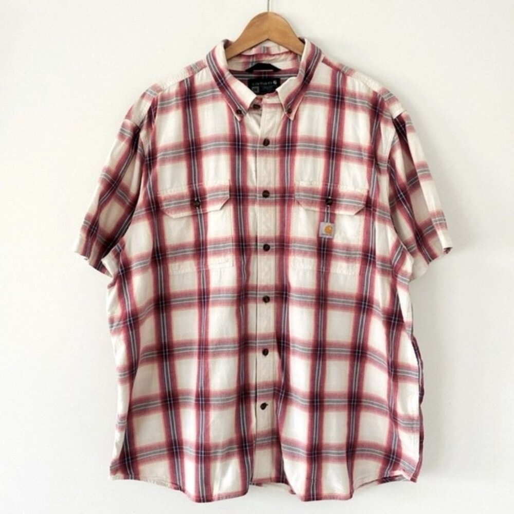 Carhartt Red & White Casual Button Down Shirt sz 2XL Loose Casual Rodeo Western